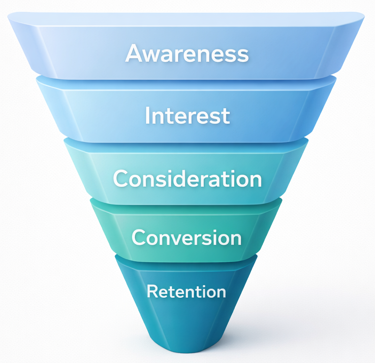 Affordable digital marketing services funnel showing customer journey from awareness to conversion
