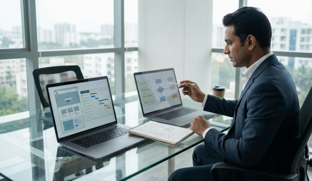 Business owner comparing portfolios to choose the best website designer in Bangalore